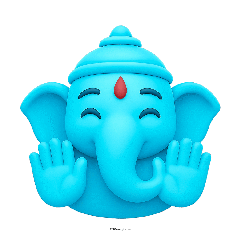 Blue Ganesh emoji with smiling face, red tilak, raised hands in cartoon style