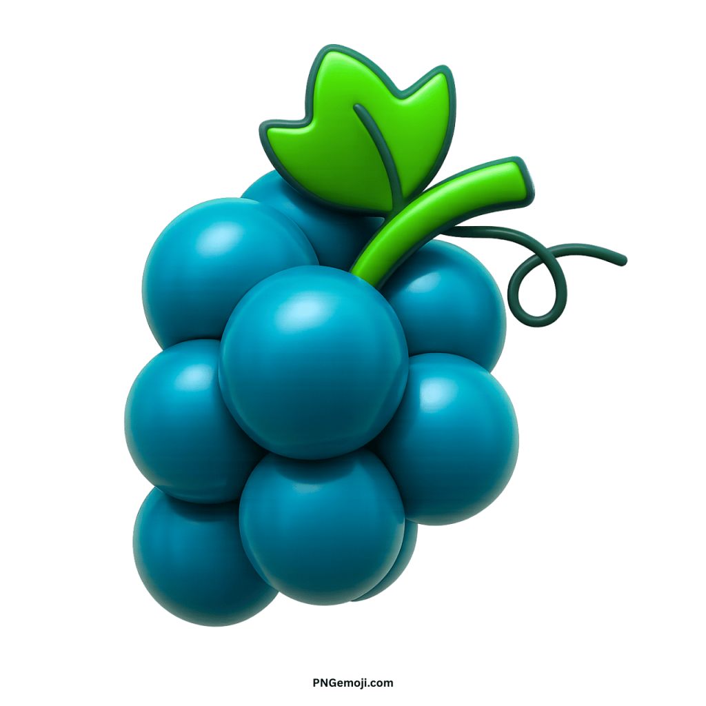 Blue grapes emoji digital fruit bunch with glossy effect, green leaf and curved stem