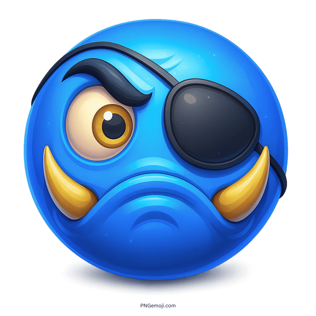 Blue cartoon monster emoji with eyepatch, tusks and angry funny face