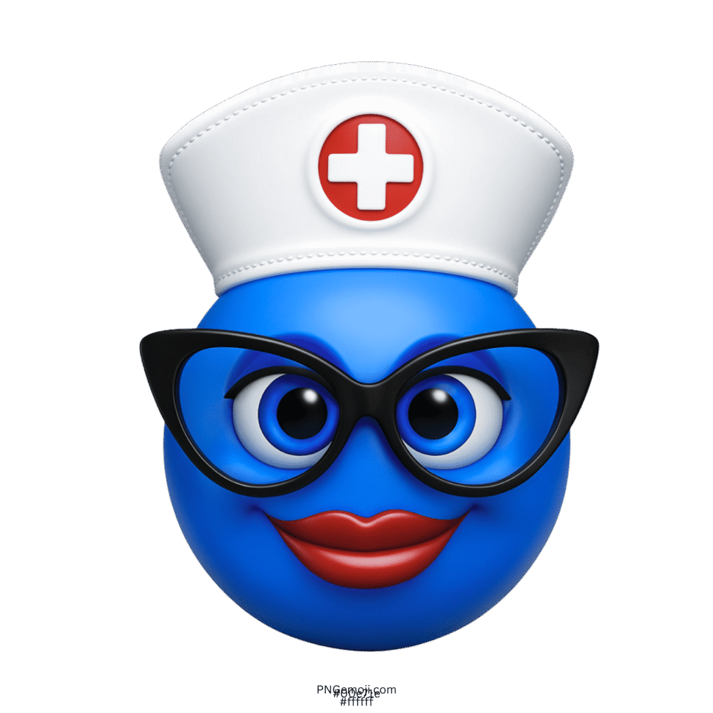 Blue nurse emoji wearing black glasses with red lips and white medical cap