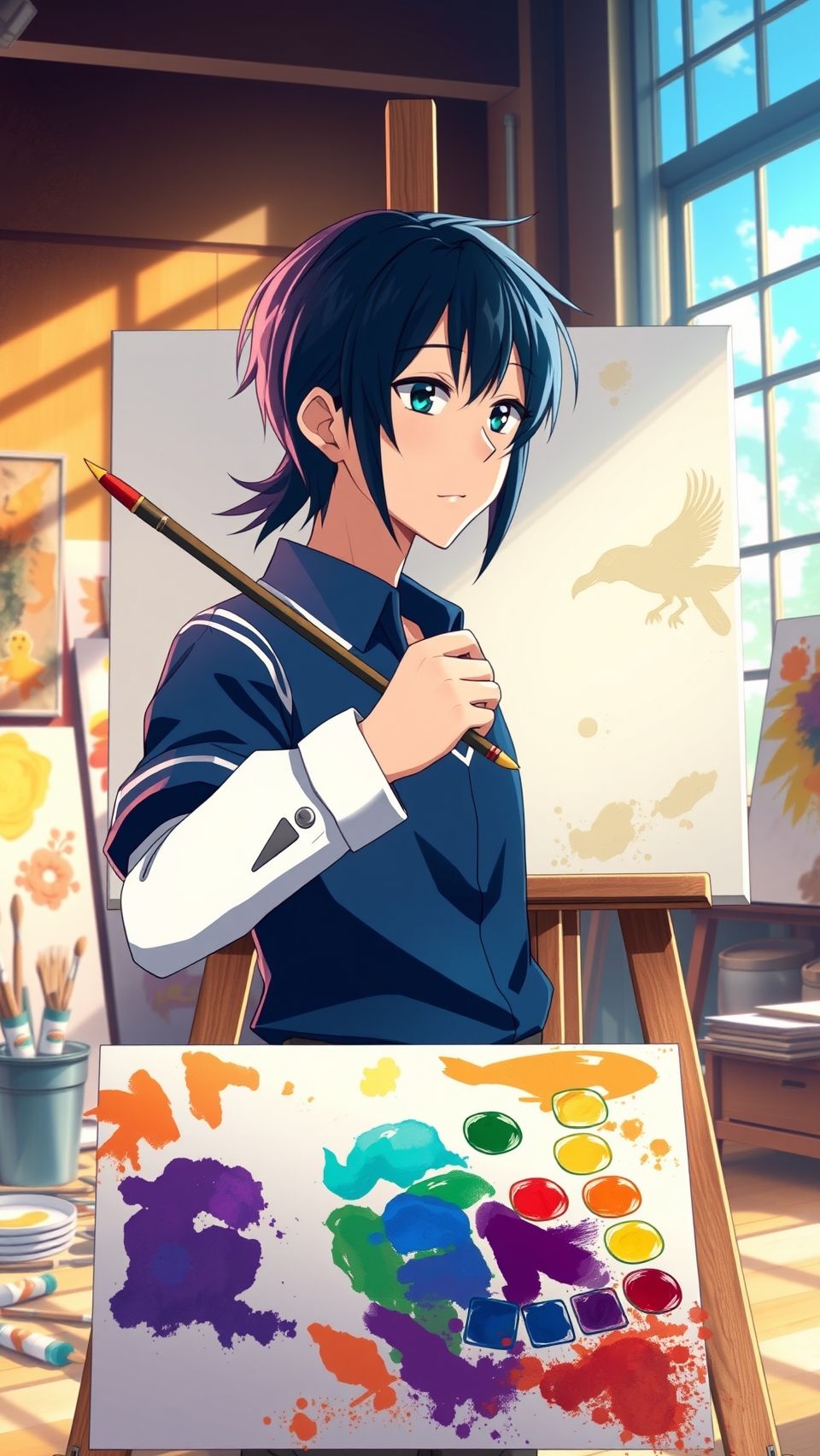 Blue Period anime wallpaper featuring Yatora Yaguchi painting in art classroom with vibrant colors