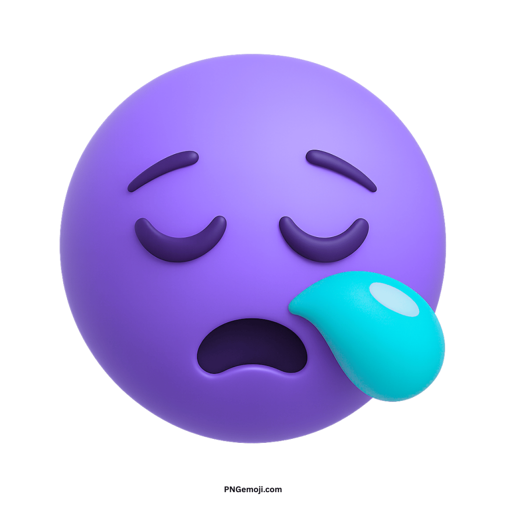 Blue purple sleepy face emoji with closed eyes, droplet, and tired yawning expression