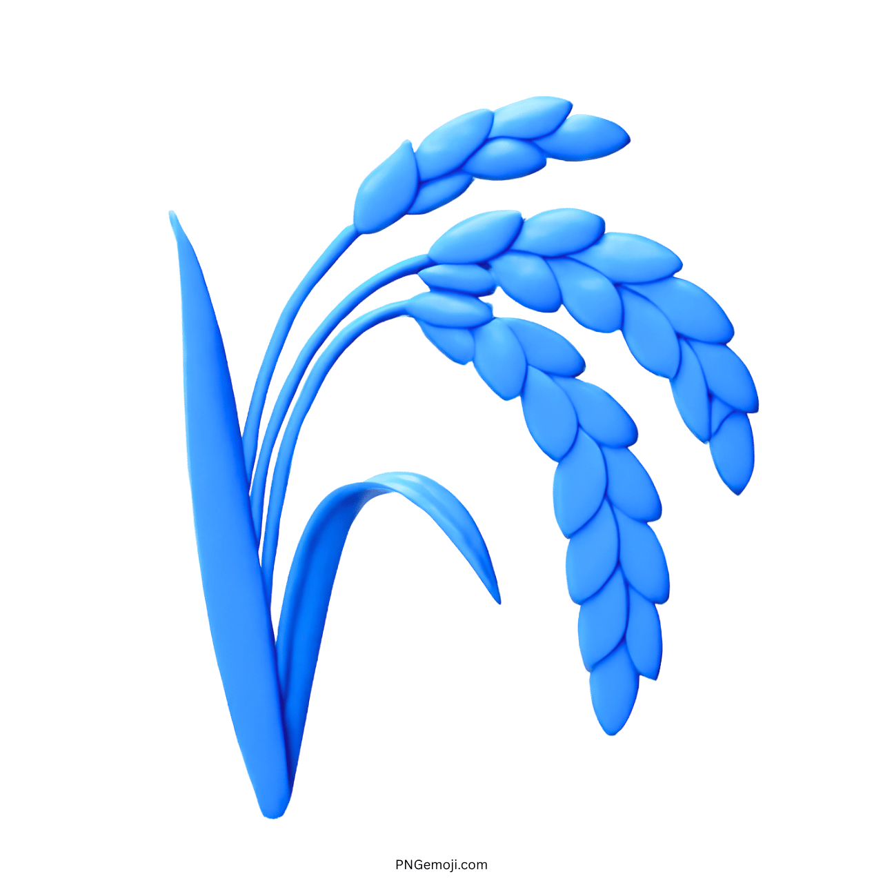 3D blue sheaf of rice emoji with smooth grains and green leaves