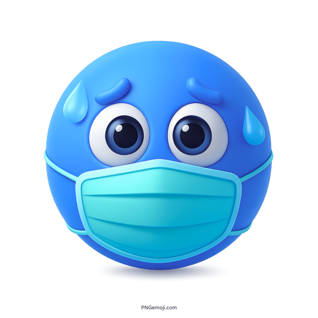 Blue sick emoji wearing a face mask with sweat drops showing illness and worry
