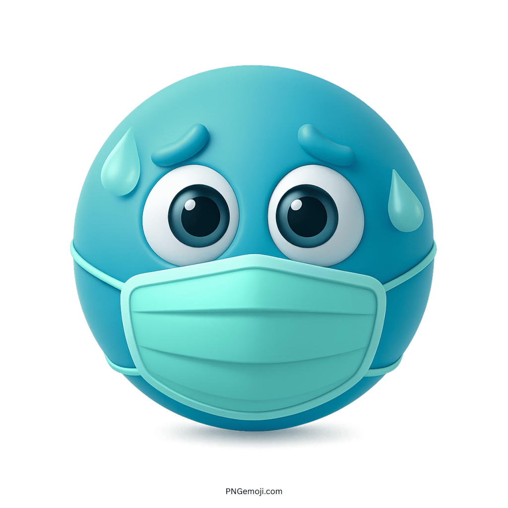 Blue sick emoji wearing protective face mask with sweat drops showing stress or illness