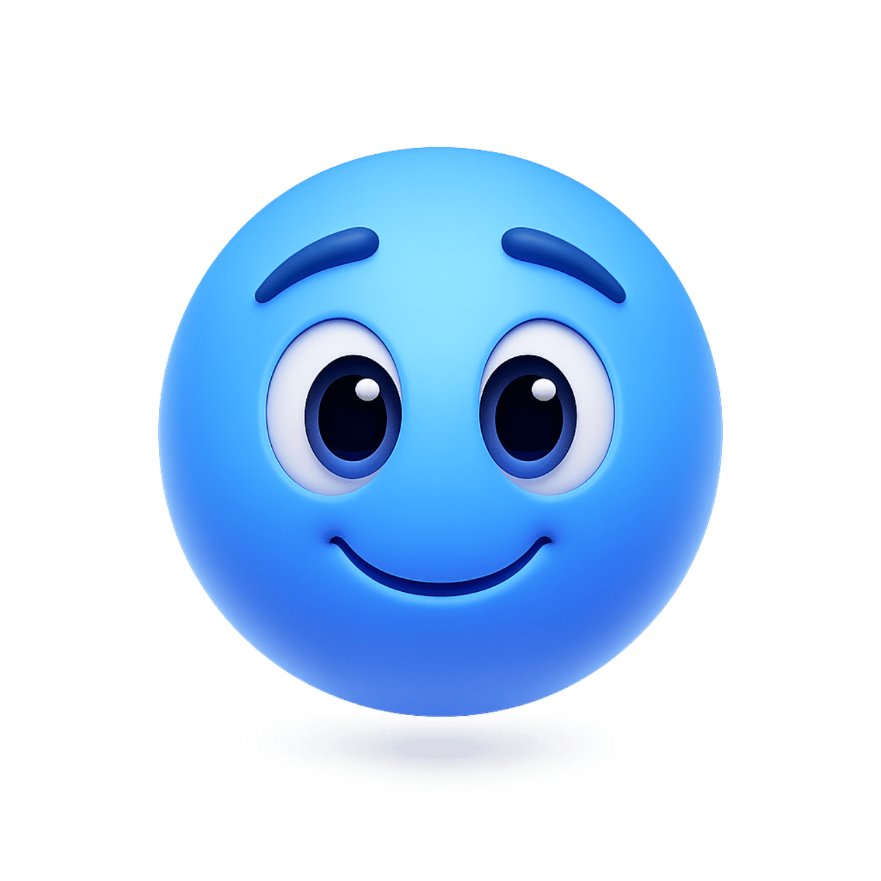 Blue smiling emoji face with raised eyebrows and cute happy expression