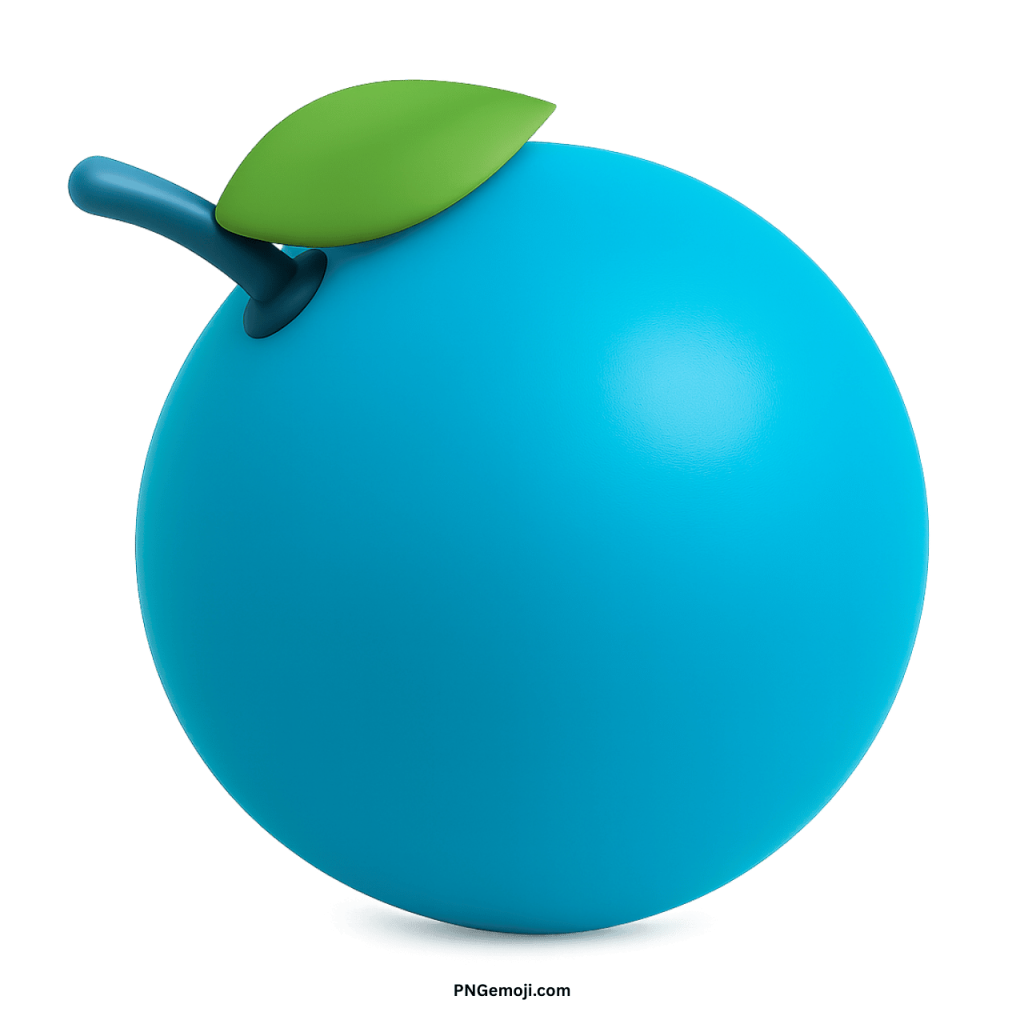 Glossy blue tangerine emoji with green leaf and stem in 3D design