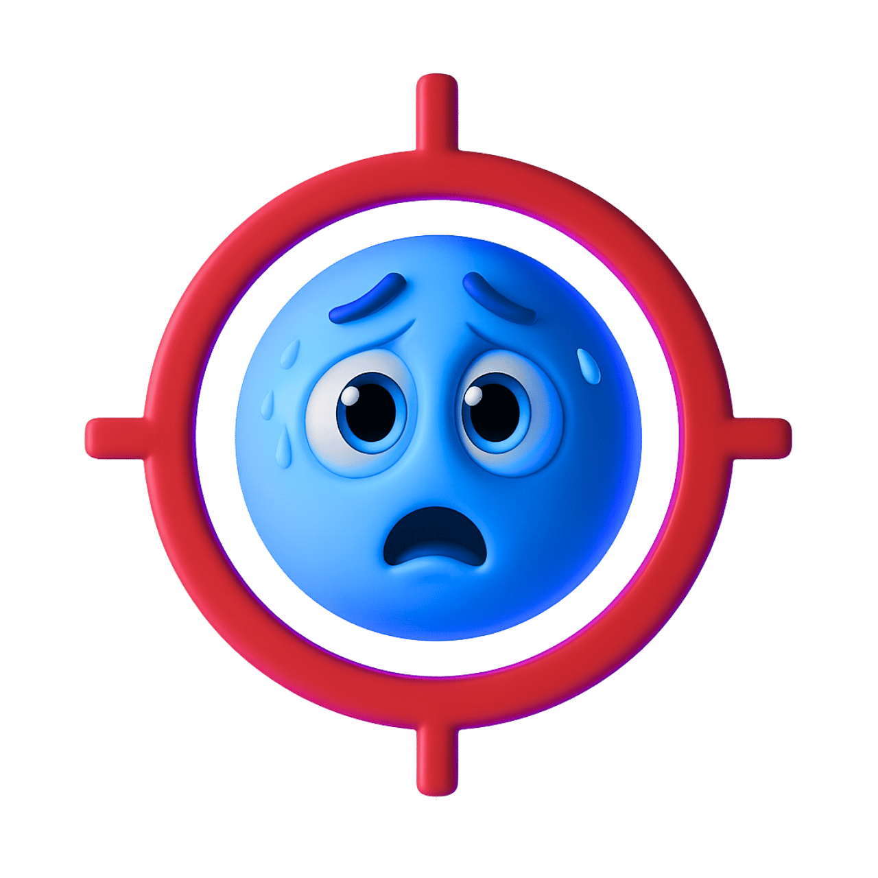 3D blue target emoticon emoji with scared sweating face inside red crosshair
