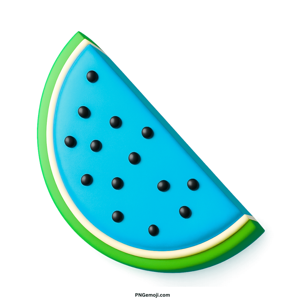 Blue watermelon emoji fruit slice with black seeds and green rind transparent background