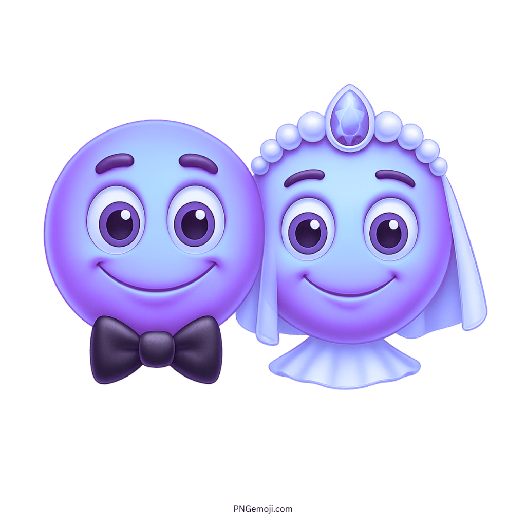 Blue wedding smiley emoji couple with happy bride in veil and groom in bow tie