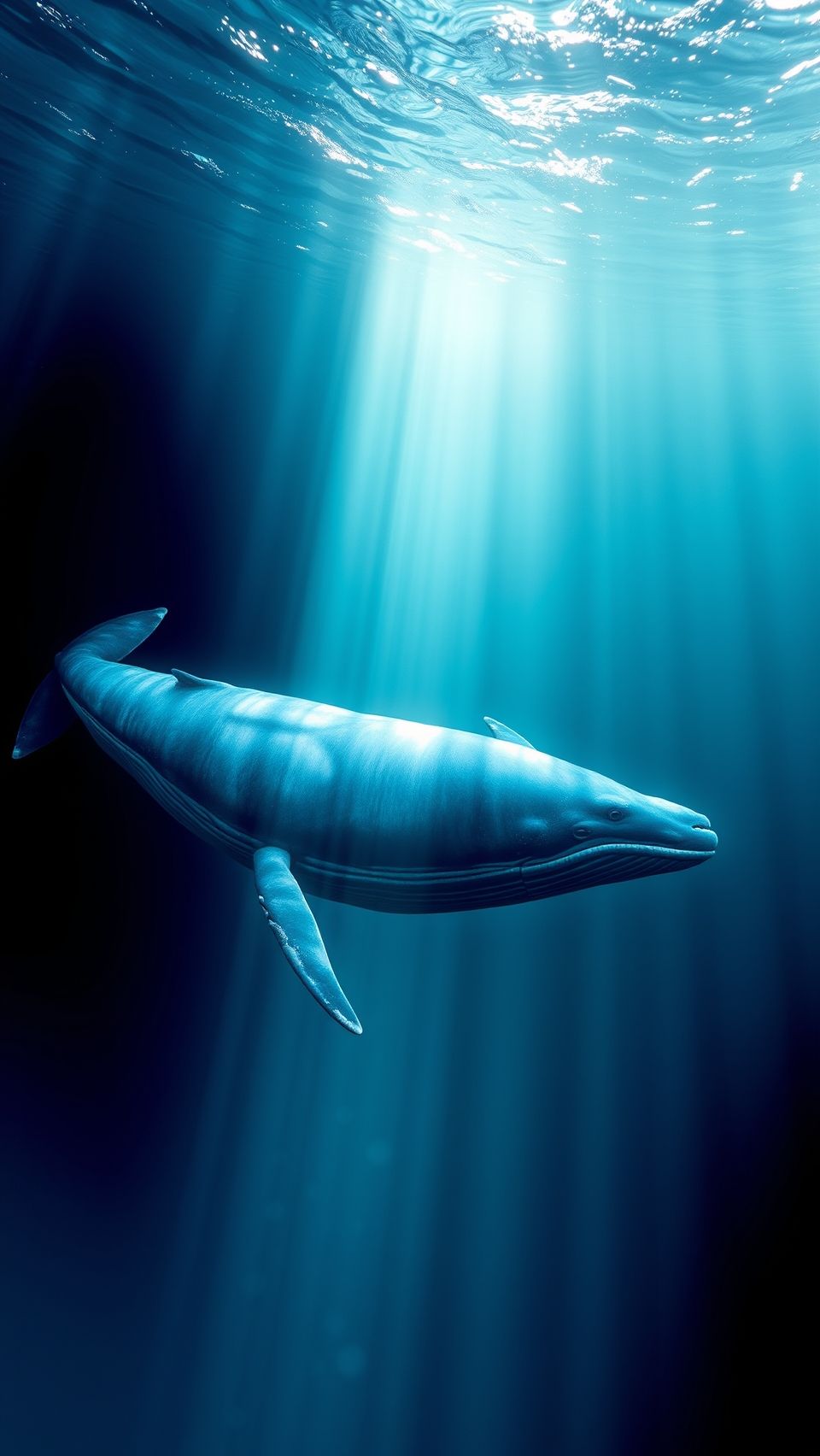 Blue whale swimming gracefully in the ocean with light beams illuminating the scene