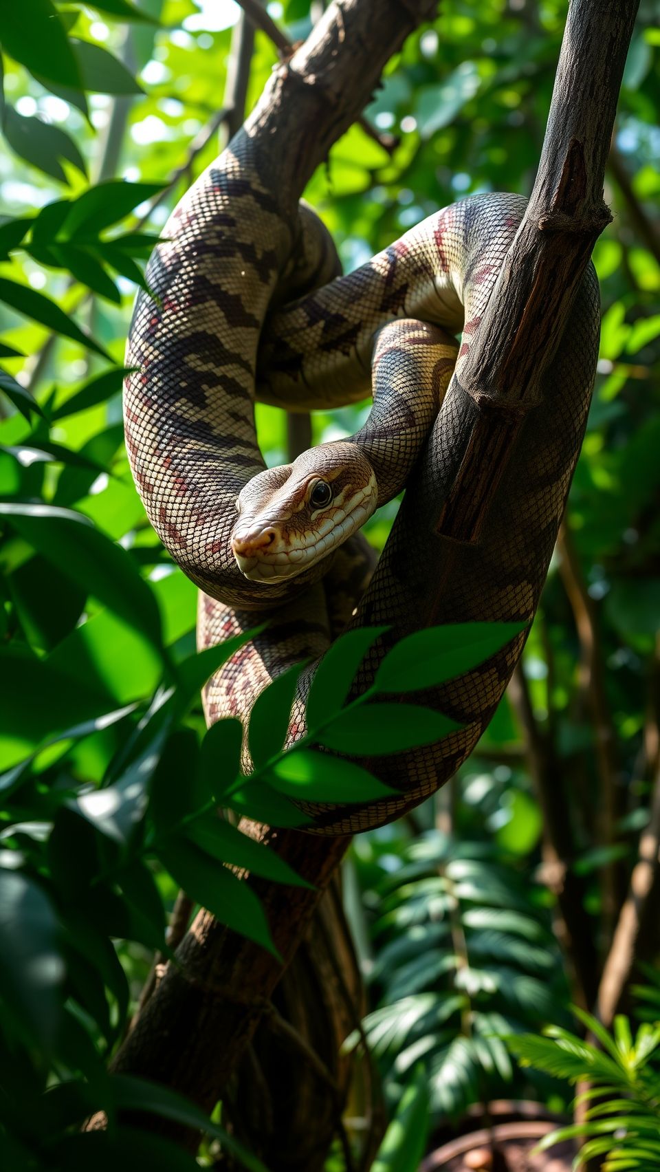 Boa Constrictor snake resting on a tree branch surrounded by lush greenery