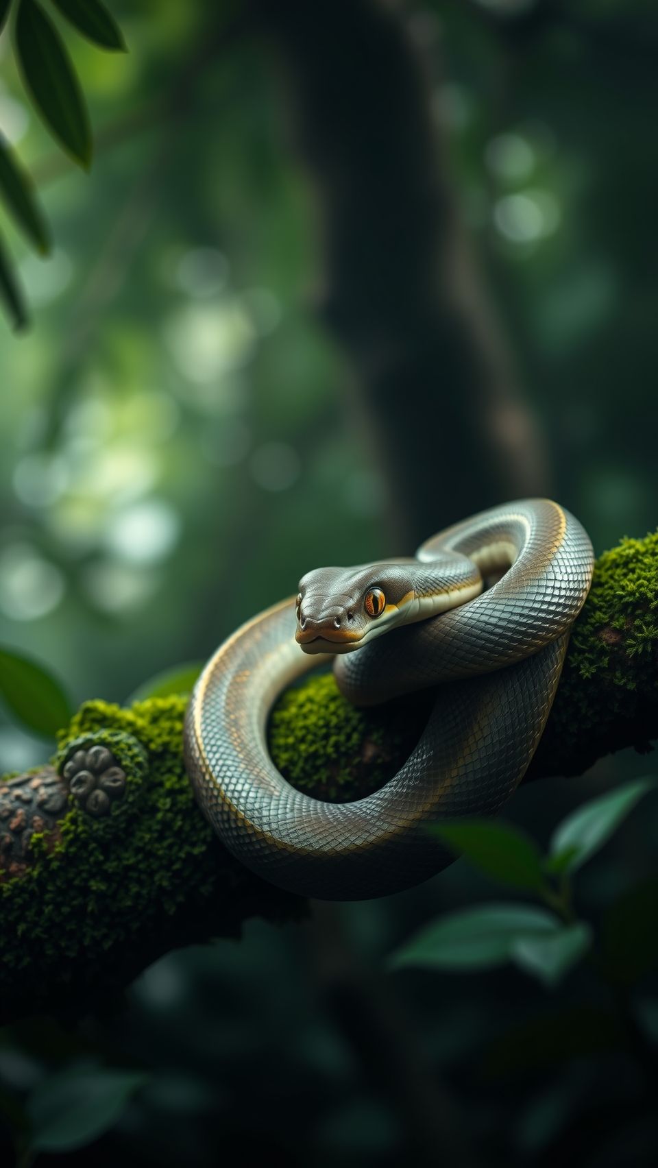 Boiga snake coiled on mossy branch in rainforest with detailed scales and vivid eyes