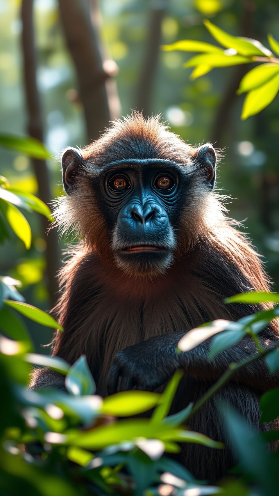 Close-up of a bonobo sitting calmly in lush green jungle habitat