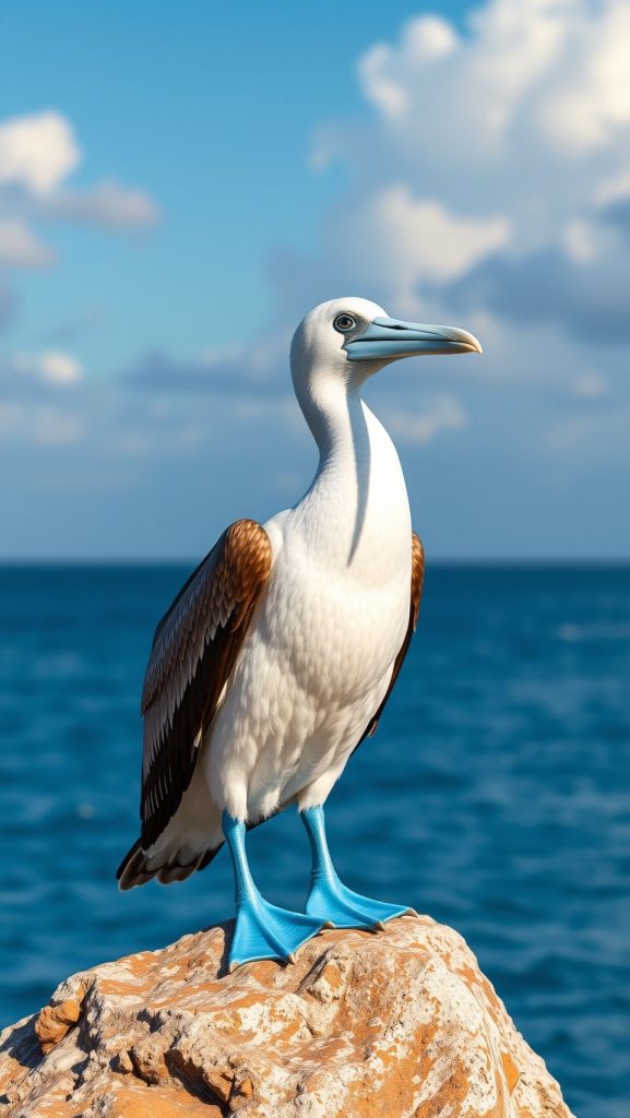 Blue-footed booby bird standing on a coastal rock with ocean background