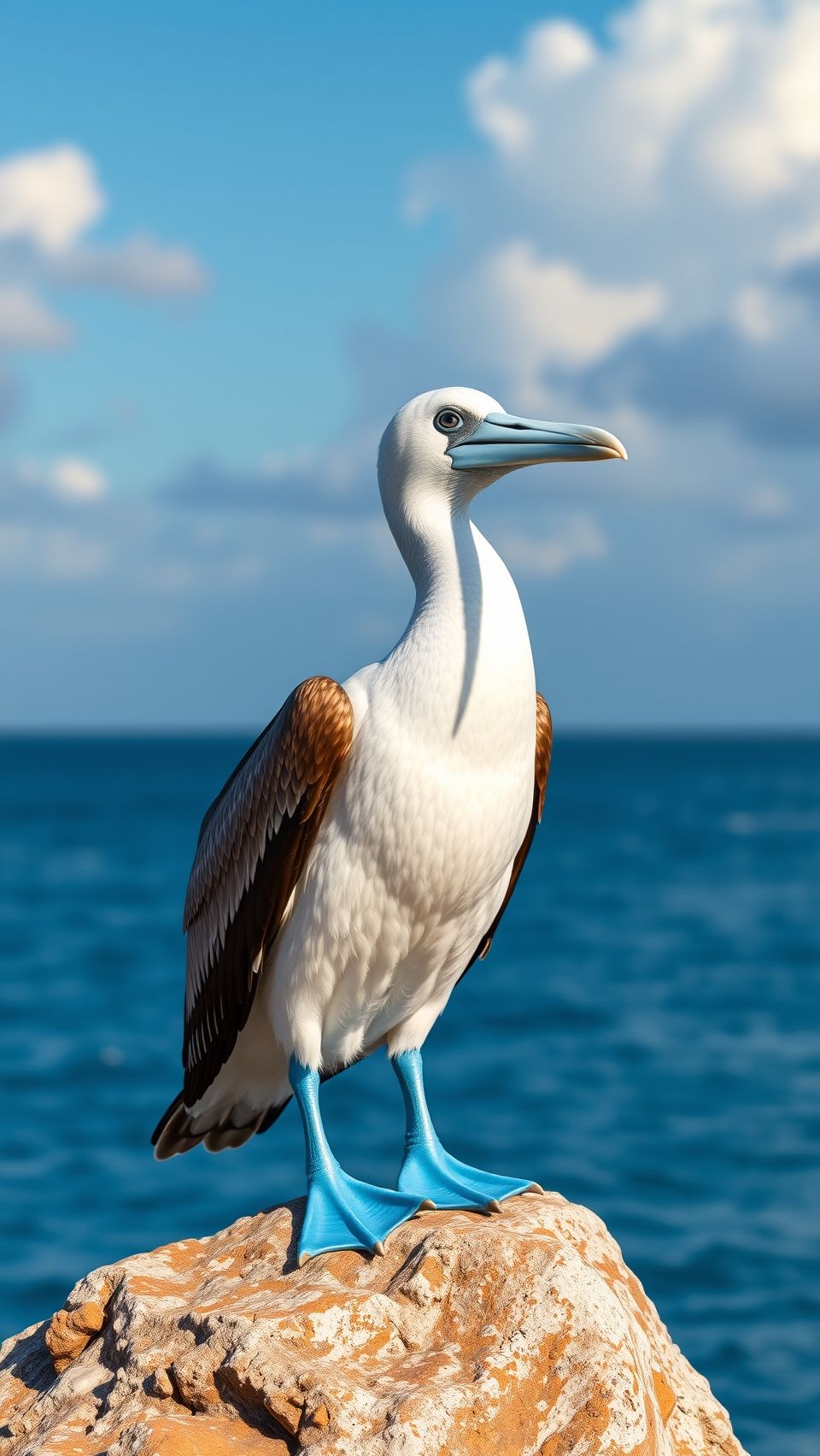 Blue-footed booby bird standing on a coastal rock with ocean background