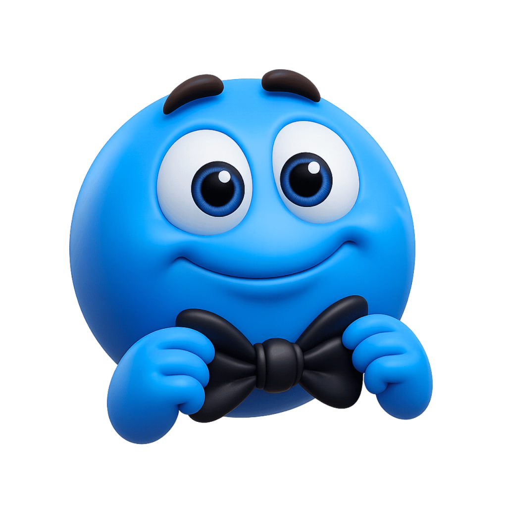Cute blue bow tie smiley emoji with big eyes and happy face in 3D style