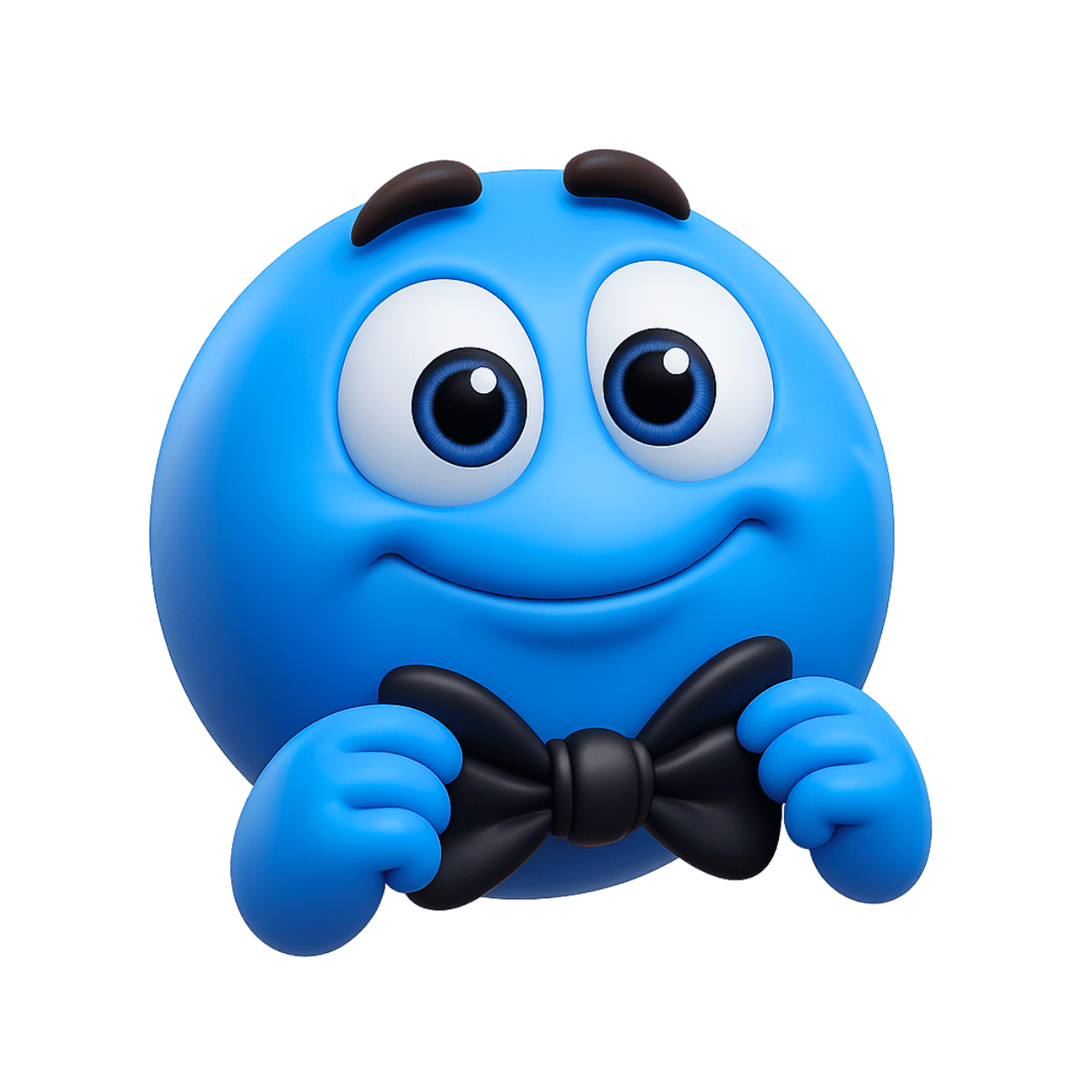 Cute blue bow tie smiley emoji with big eyes and happy face in 3D style