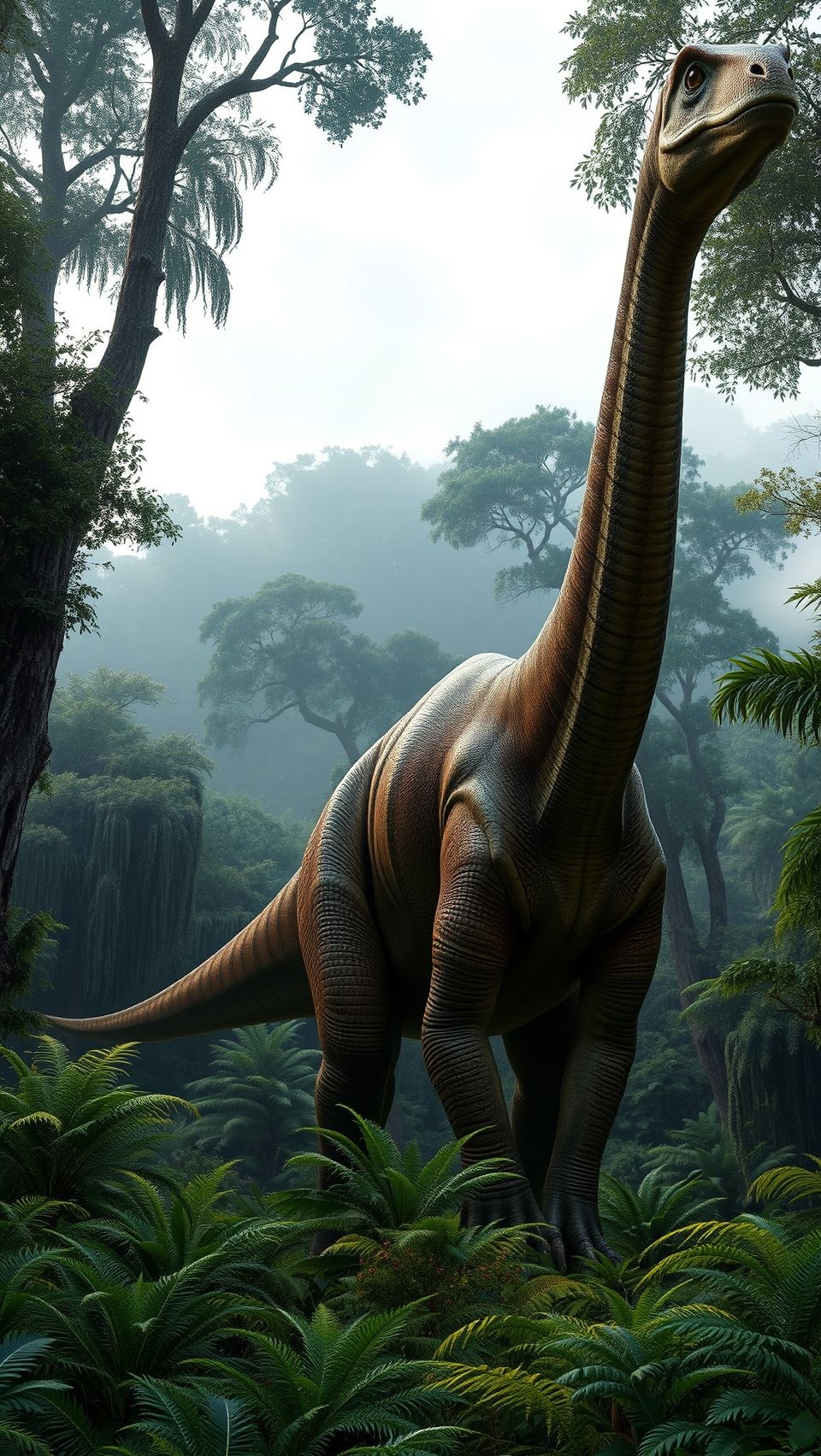 Realistic Brachiosaurus in lush prehistoric forest with misty background.