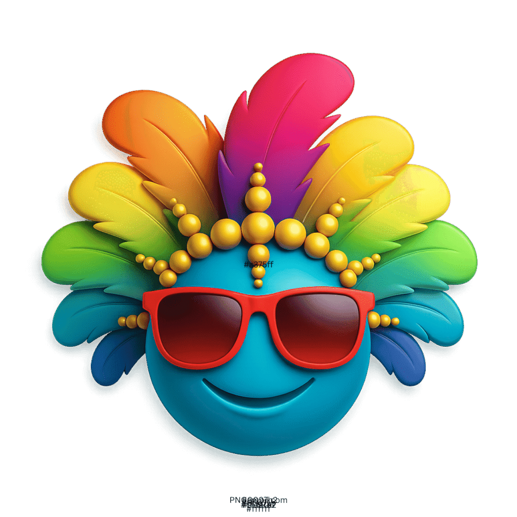 Bright blue carnival smiley emoji with rainbow feathers and red sunglasses