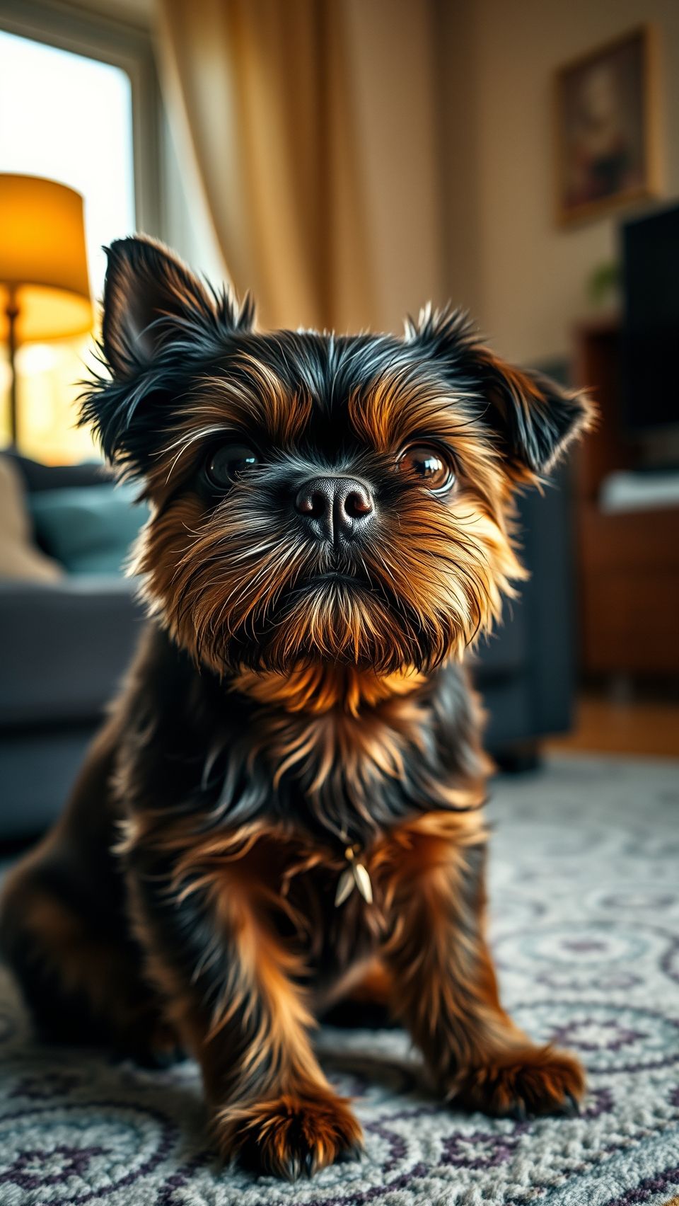 Close-up portrait of Brussels Griffon dog sitting in cozy living room interior.