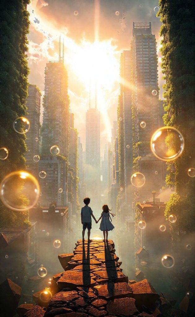 Bubble 2022 anime movie wallpaper with post-apocalyptic Tokyo sunset and romantic scene