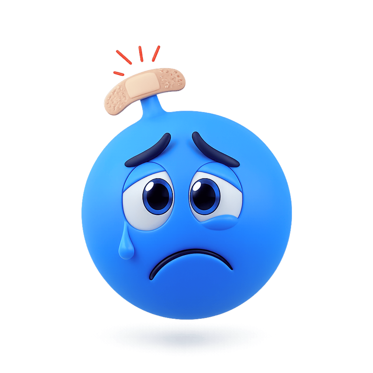 Blue bump emoji with sad face, bandage on head, and single tear drop
