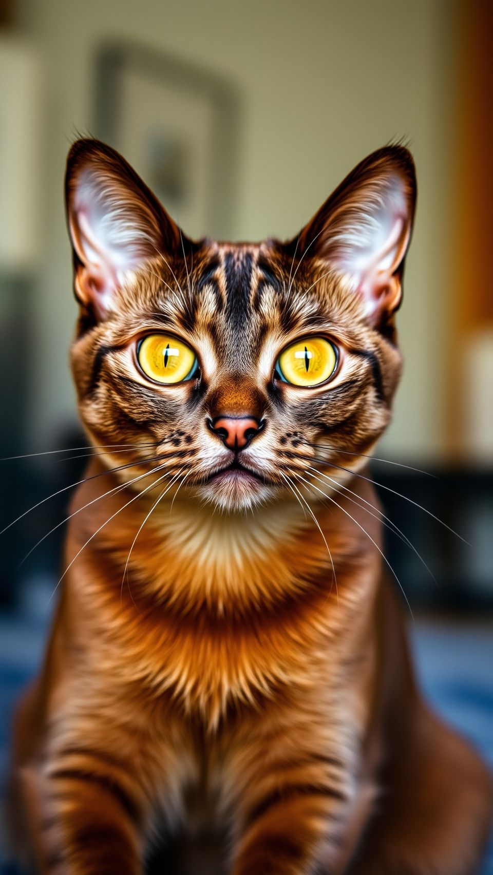 Realistic close-up Burmese cat with golden eyes sitting gracefully in natural indoor light
