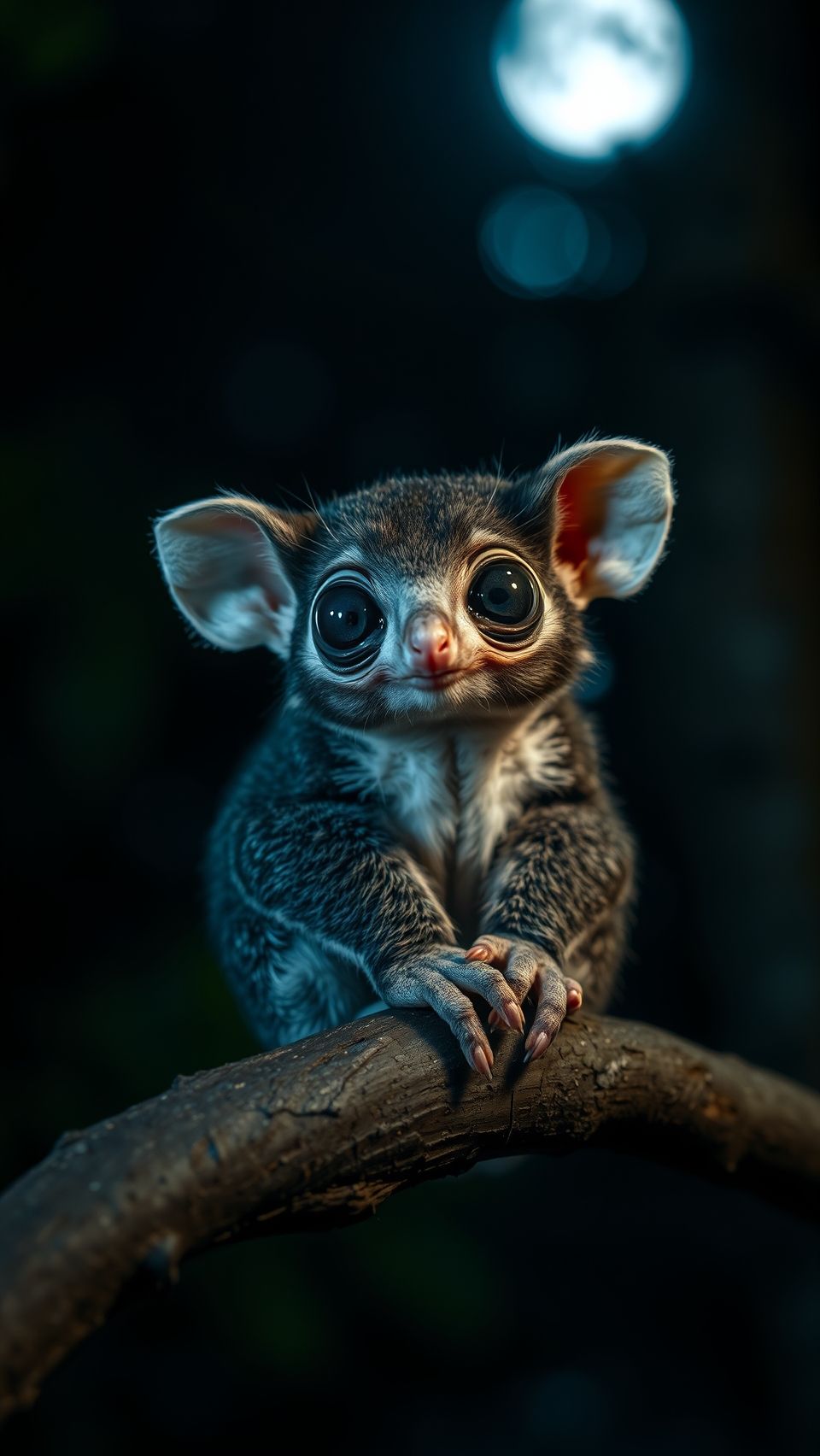 Close-up of a bush baby galago with big eyes sitting on a branch at night.
