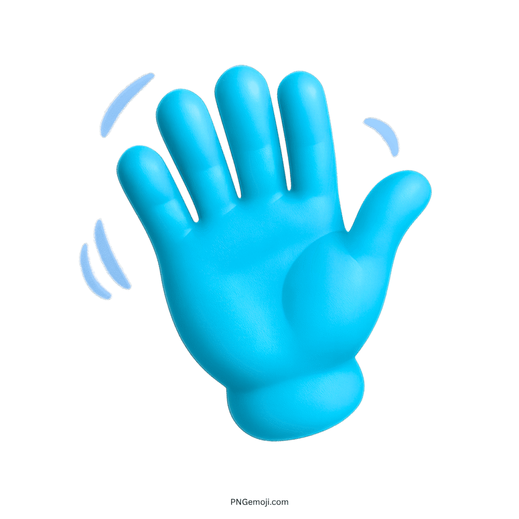 Blue waving hand emoji, playful goodbye gesture in 3D style
