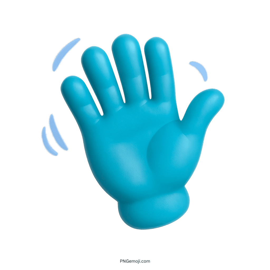 Light blue waving hand emoji, cheerful goodbye gesture in 3D style