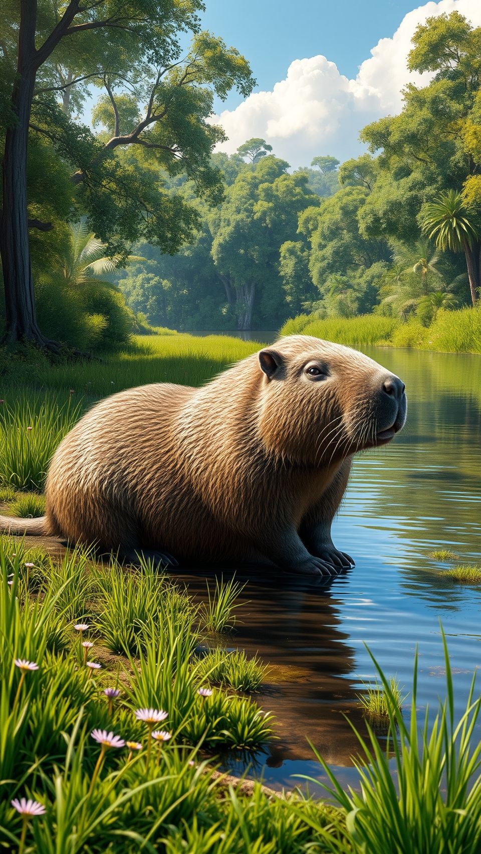 Realistic image of a capybara resting by a river with green grass and flowers, surrounded by trees and nature.