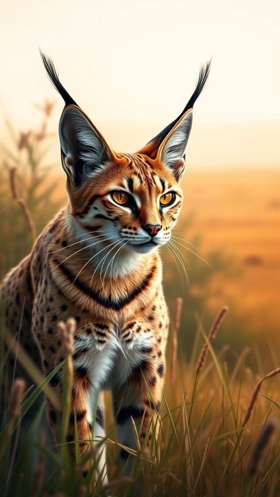 A hyper-realistic image of a caracal wild cat with a sleek tawny coat and sharp eyes, standing in nature.