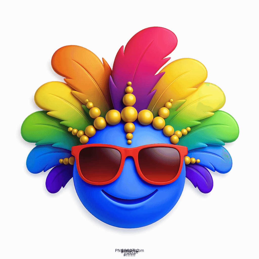 Blue carnival smiley emoji with rainbow feathers wearing red sunglasses and bead crown