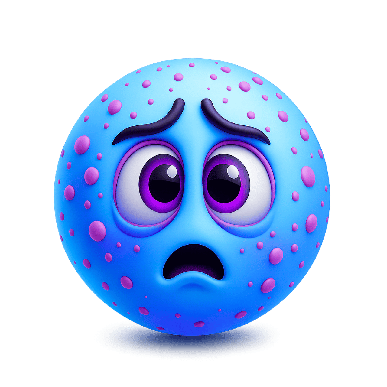 Blue sick emoticon emoji with purple eyes showing spots and worried facial expression