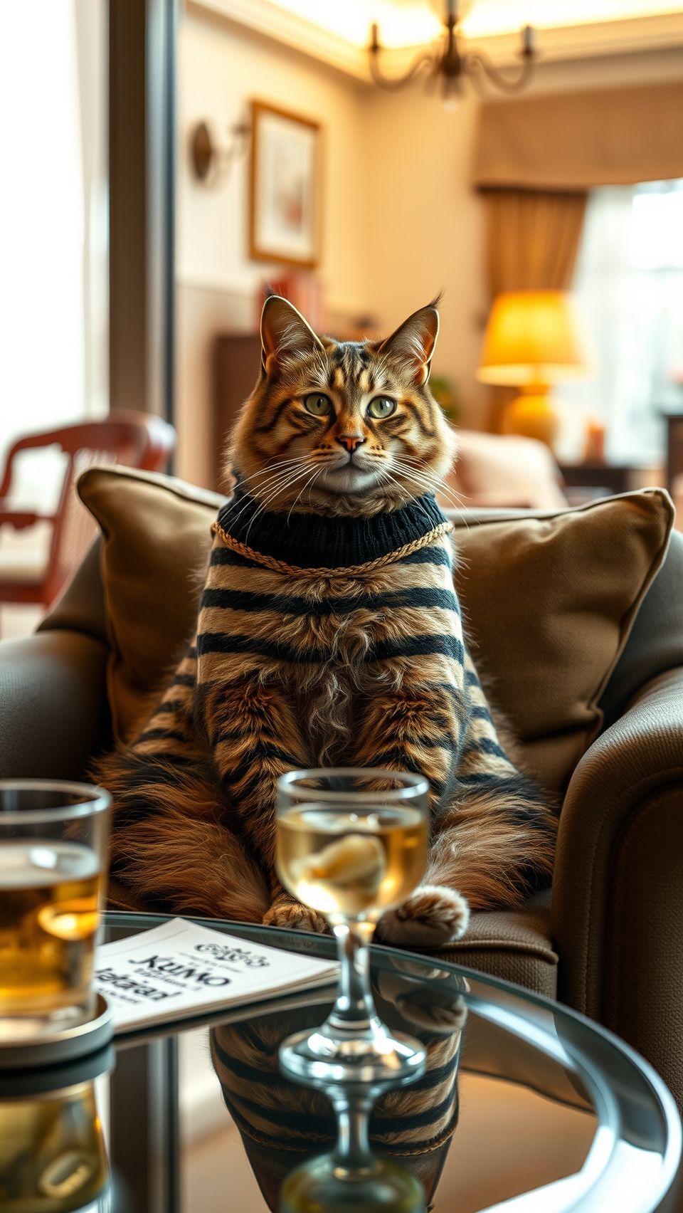 Cat Stepan from Ukraine sitting on a chair wearing striped sweater with drinks