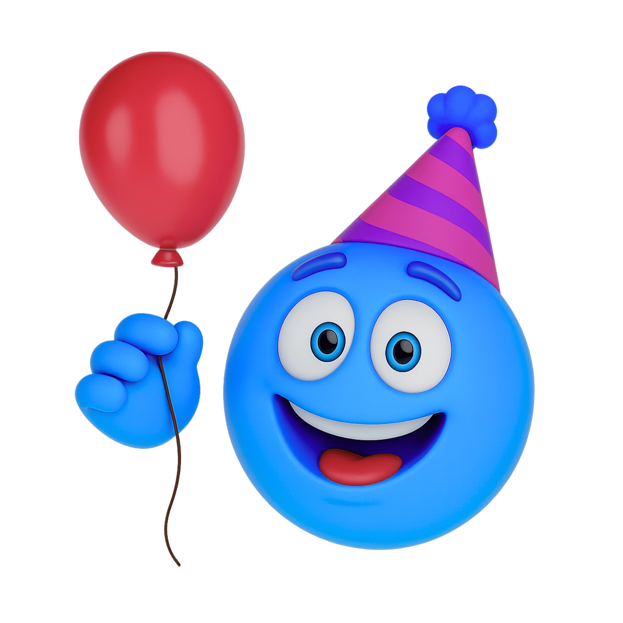 Celebrate emoji with blue face, party hat, and red balloon showing happiness and fun