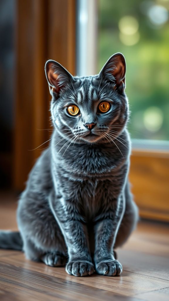 Beautiful Chartreux cat with bluish-gray fur and golden eyes sitting on wooden floor