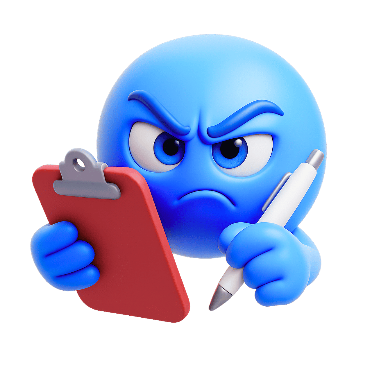 3D blue checking off emoji holding clipboard and pen for task completion concept