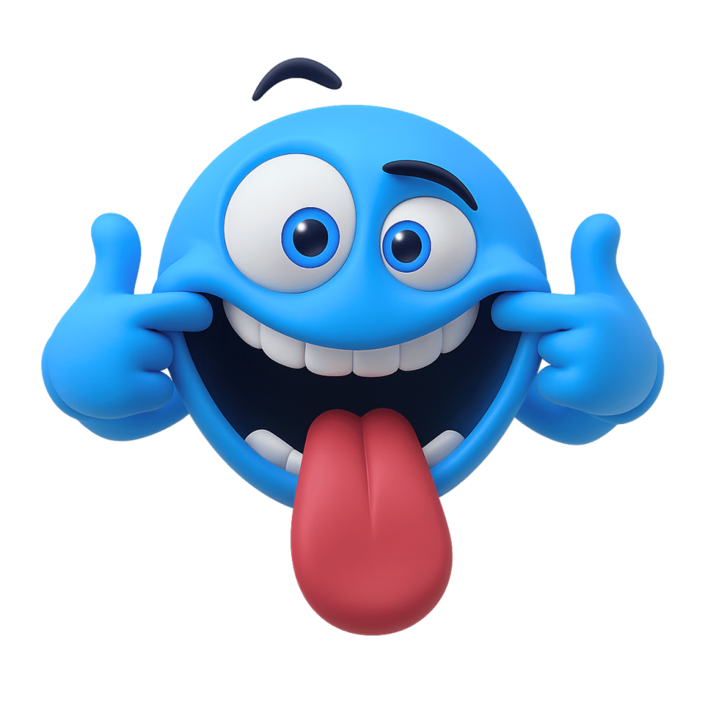 Cheeky blue smiley emoji making funny face with tongue out and big eyes