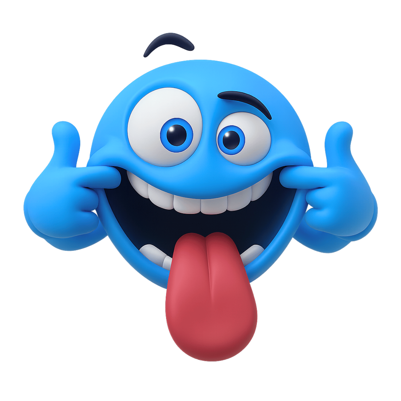 Cheeky blue smiley emoji making funny face with tongue out and big eyes