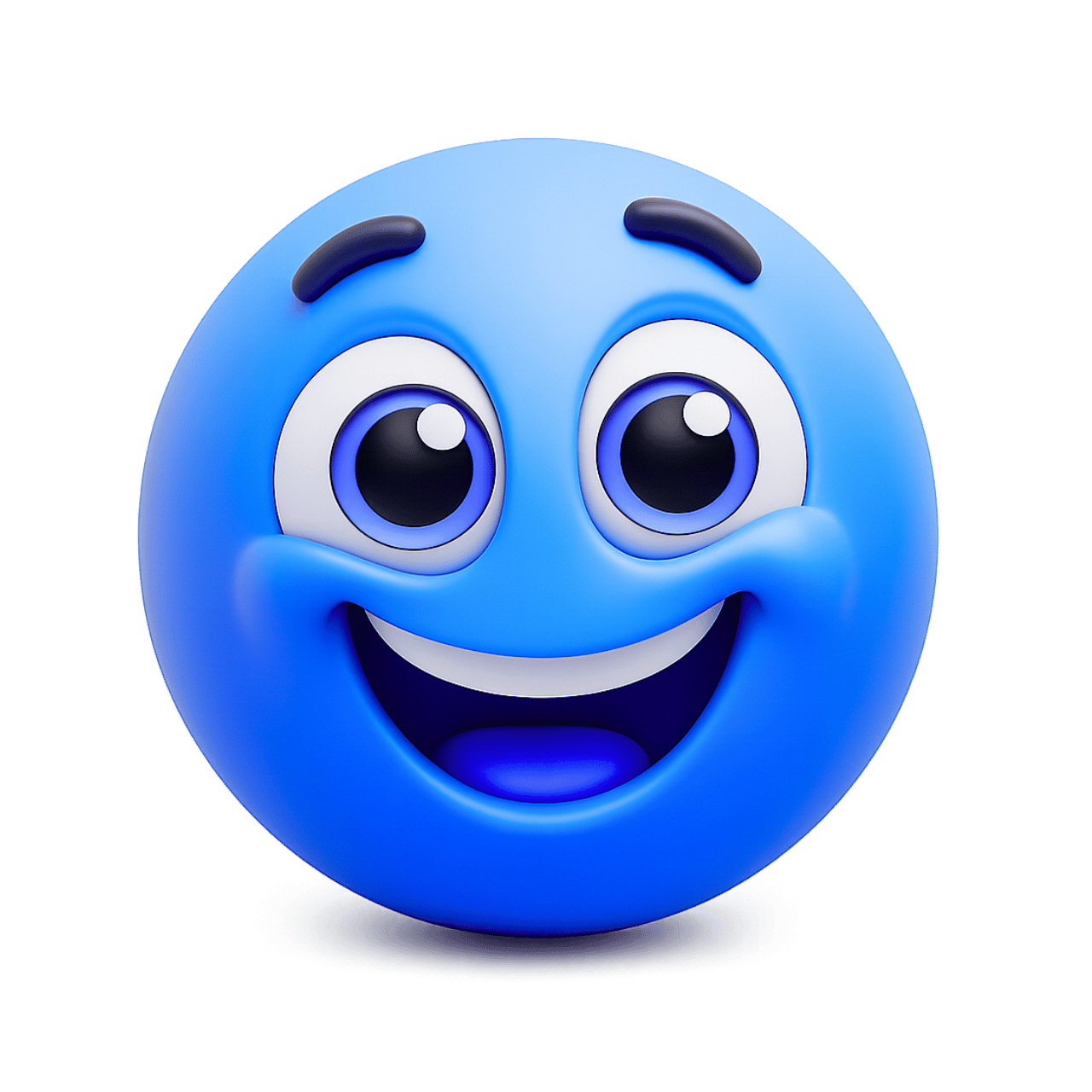 Cheerful 3D blue smiley emoticon with big eyes and happy cartoon face expression