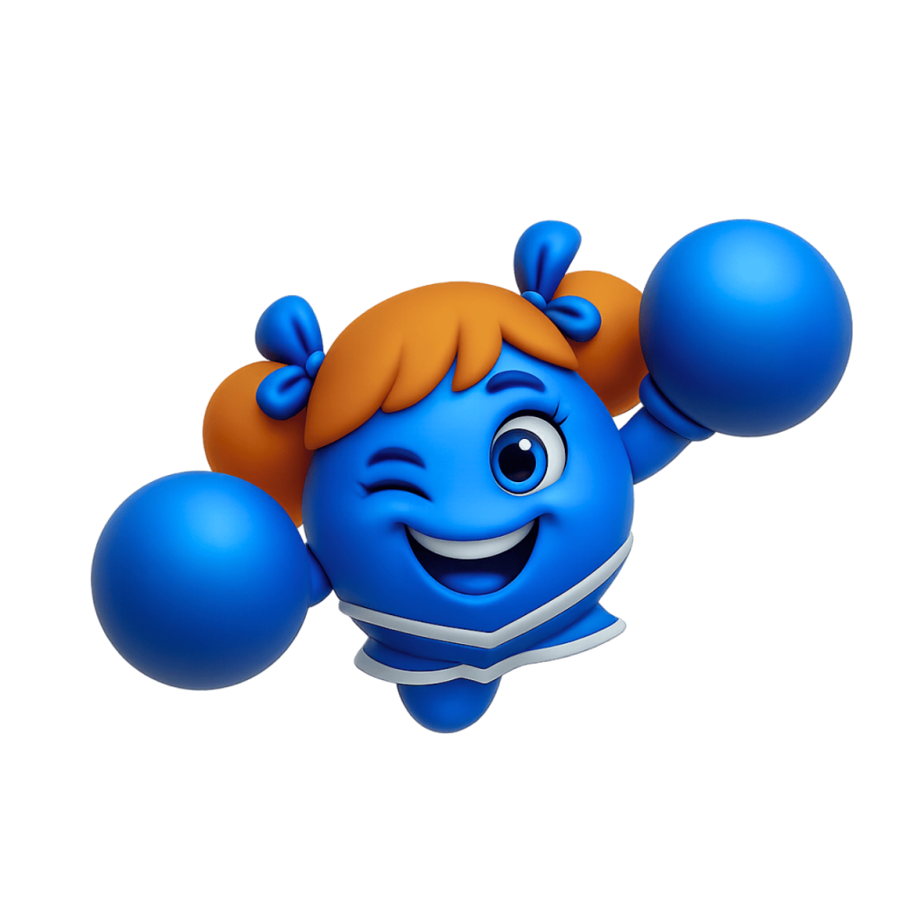 Blue cheerleader emoji girl with orange pigtails, pom-poms, and playful smile
