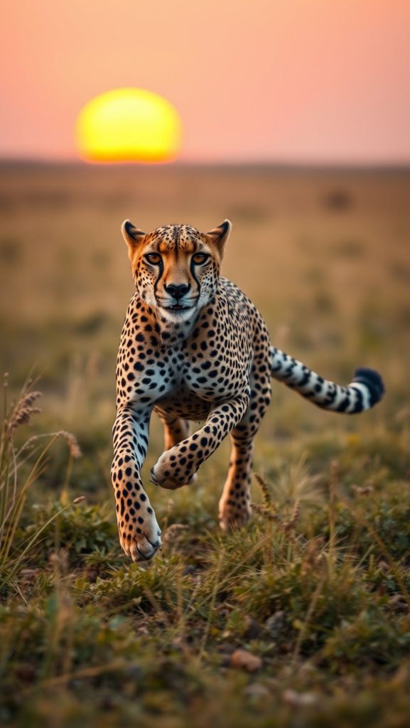 Cheetah running in the wild during sunset with blurred background