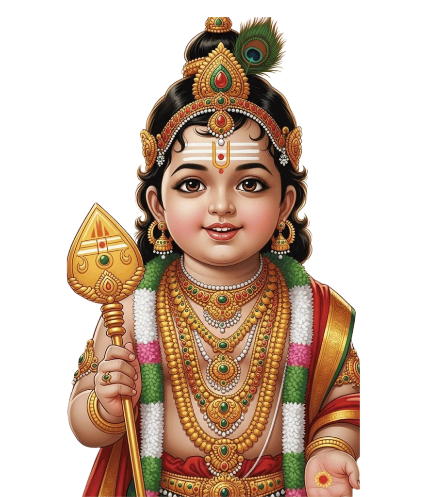 Child Lord Murugan holding Vel with ornaments and garland in divine Hindu artwork