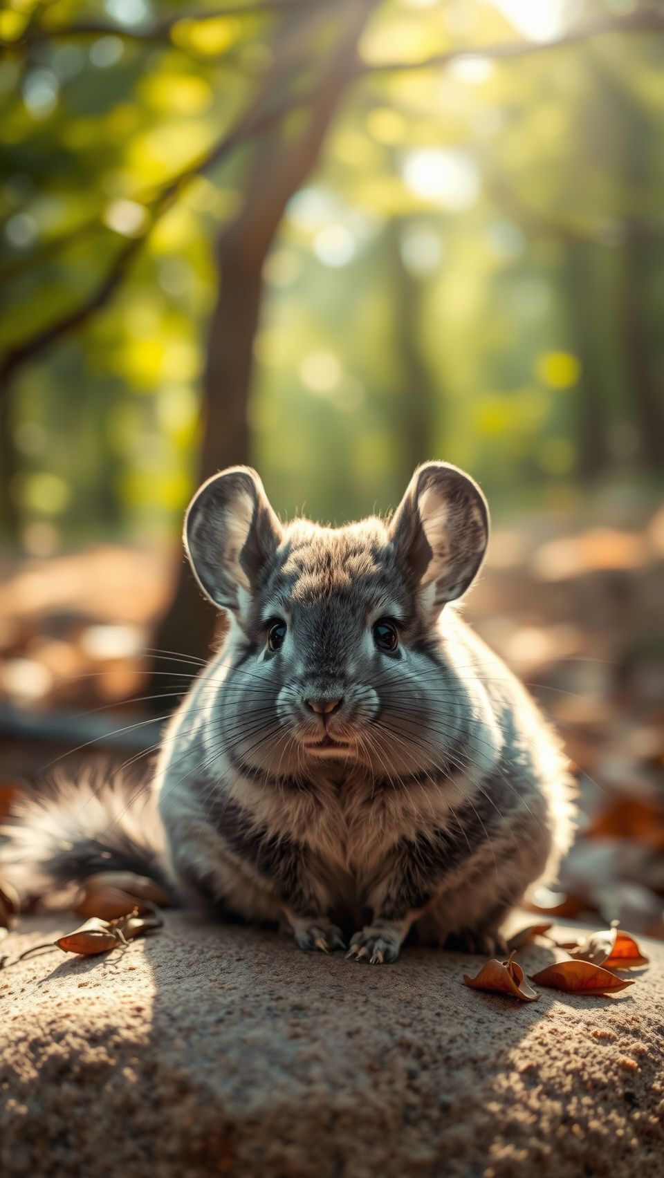 A cute chinchilla sitting on a rock in a natural, sunlit environment with autumn leaves scattered around.