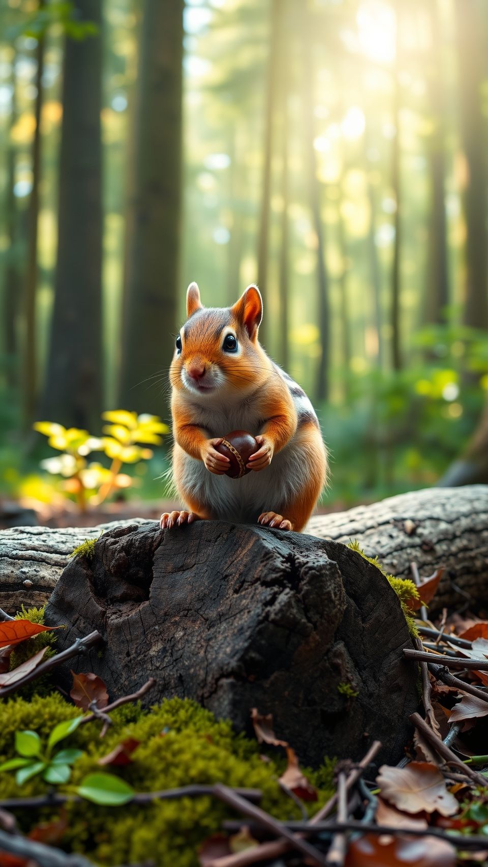 A chipmunk sitting on a wooden log in a lush forest, holding a nut.