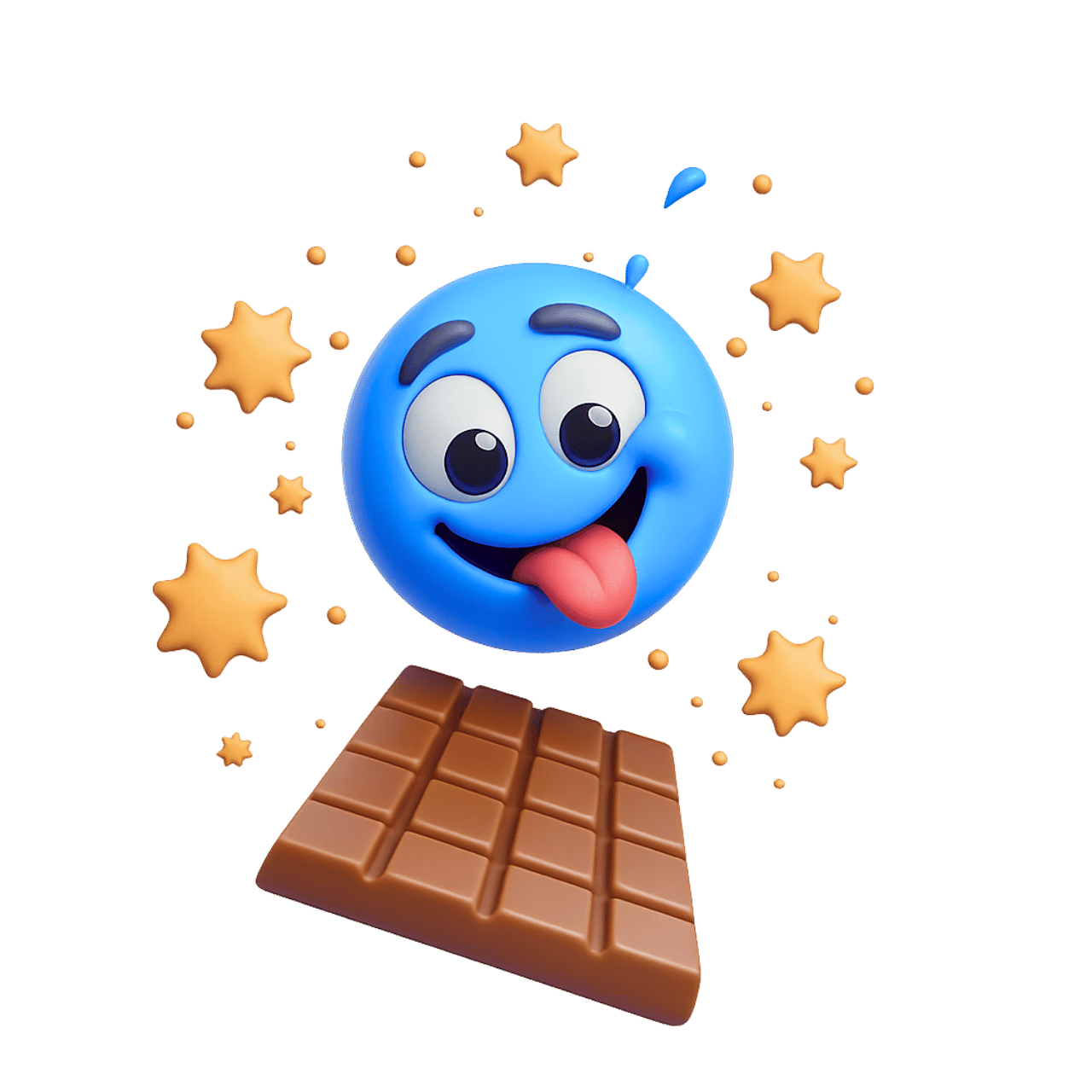 Blue happy emoji face with tongue out enjoying delicious chocolate bar and stars