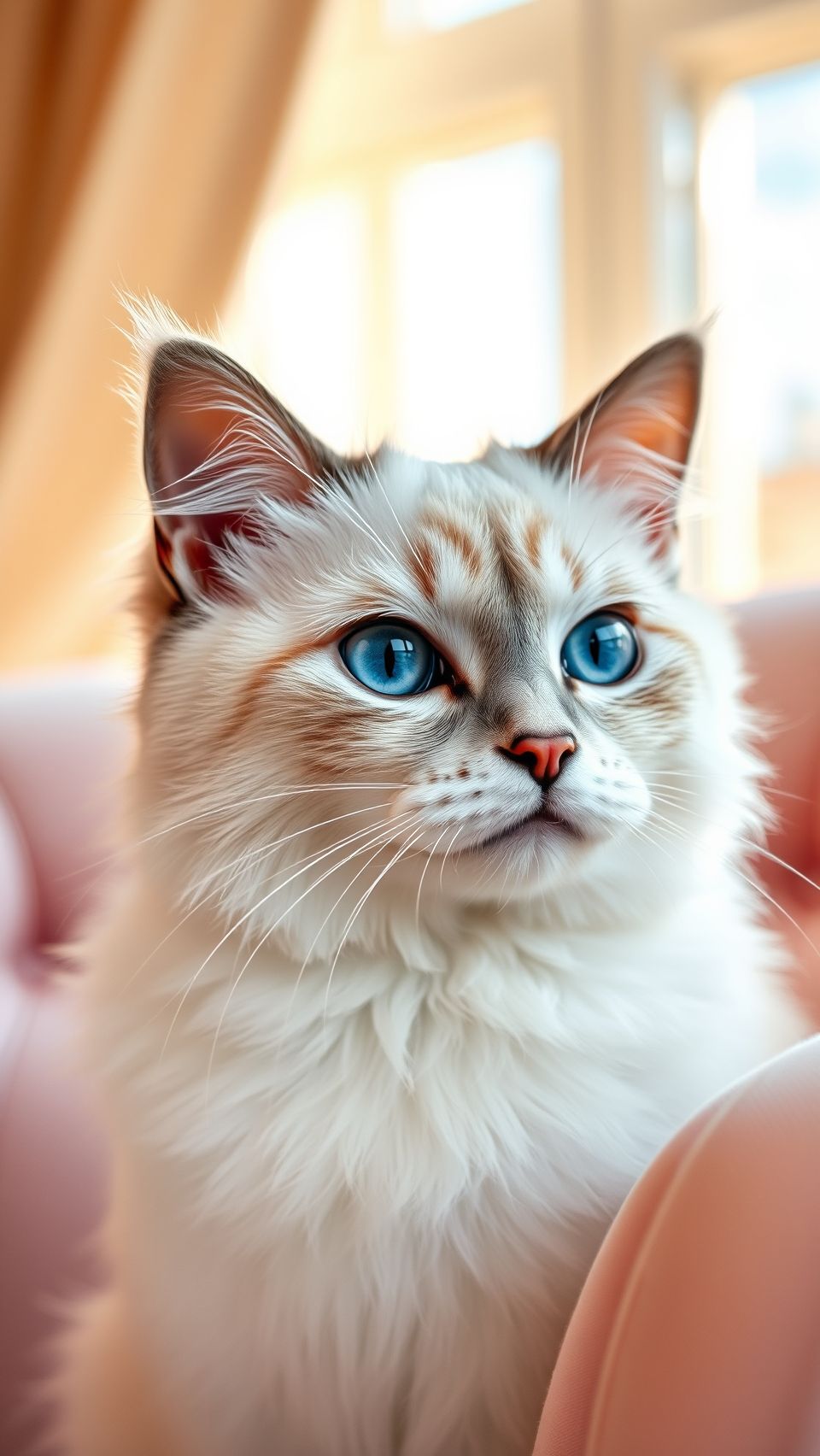 Choupette Birman cat wallpaper with fluffy white fur and striking deep blue eyes