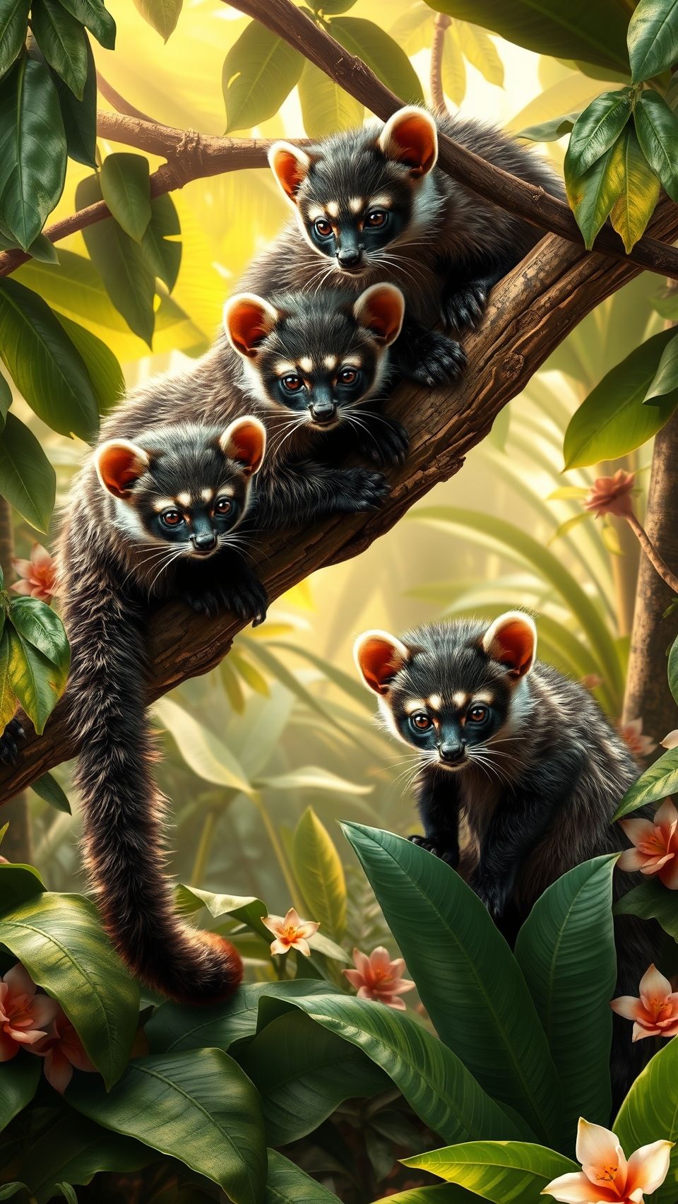 Ultra-realistic civet cats on tree in lush tropical forest wallpaper design